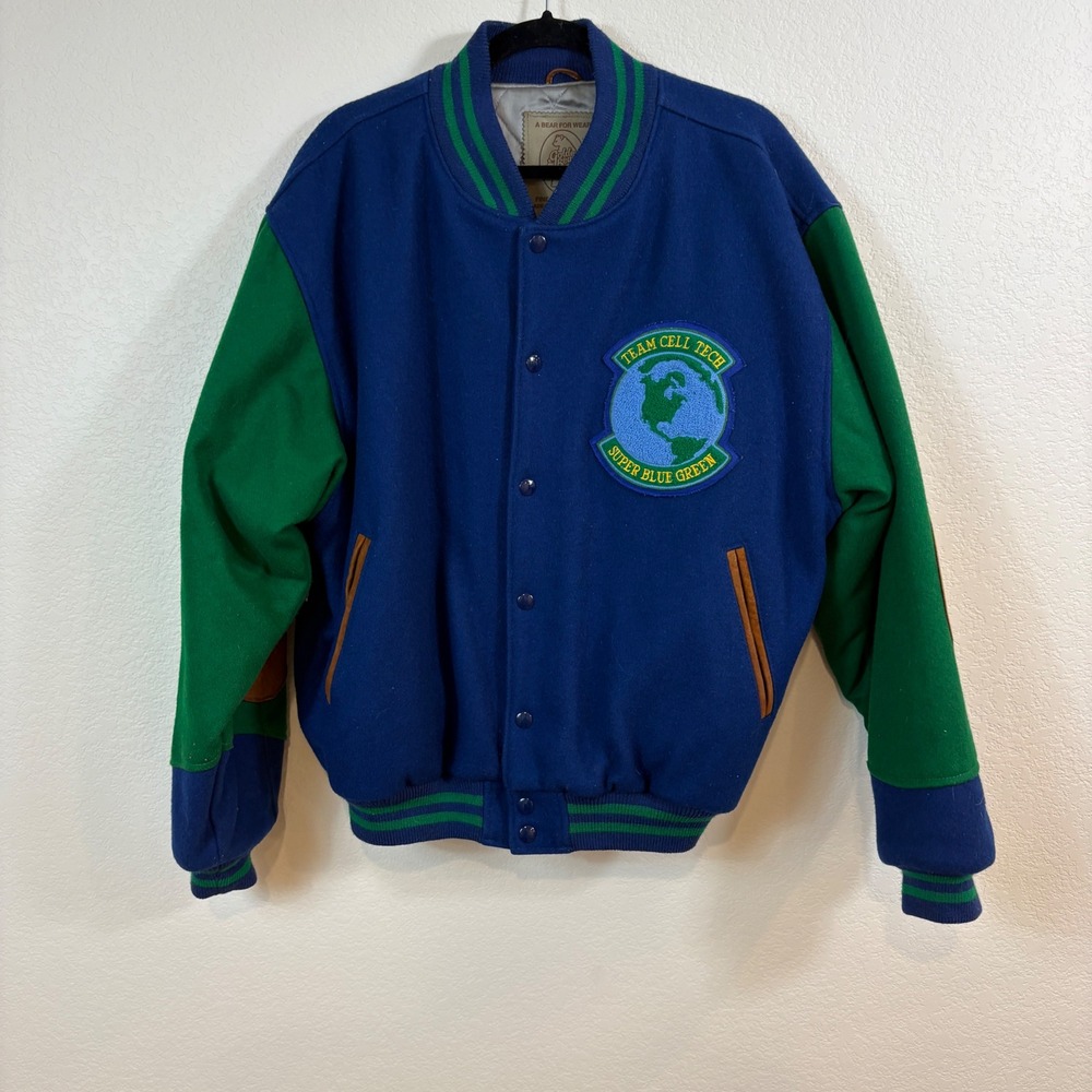 Golden Bear Letterman Jacket Mens L Blue Green Vintage 90s Wool Leather MLM Rare
